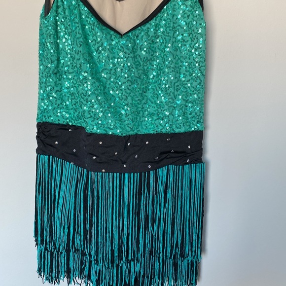 Weissman Adult Large Dance Costume – Green Sequin Fringe Jazz Dress with Collar - Picture 8 of 9